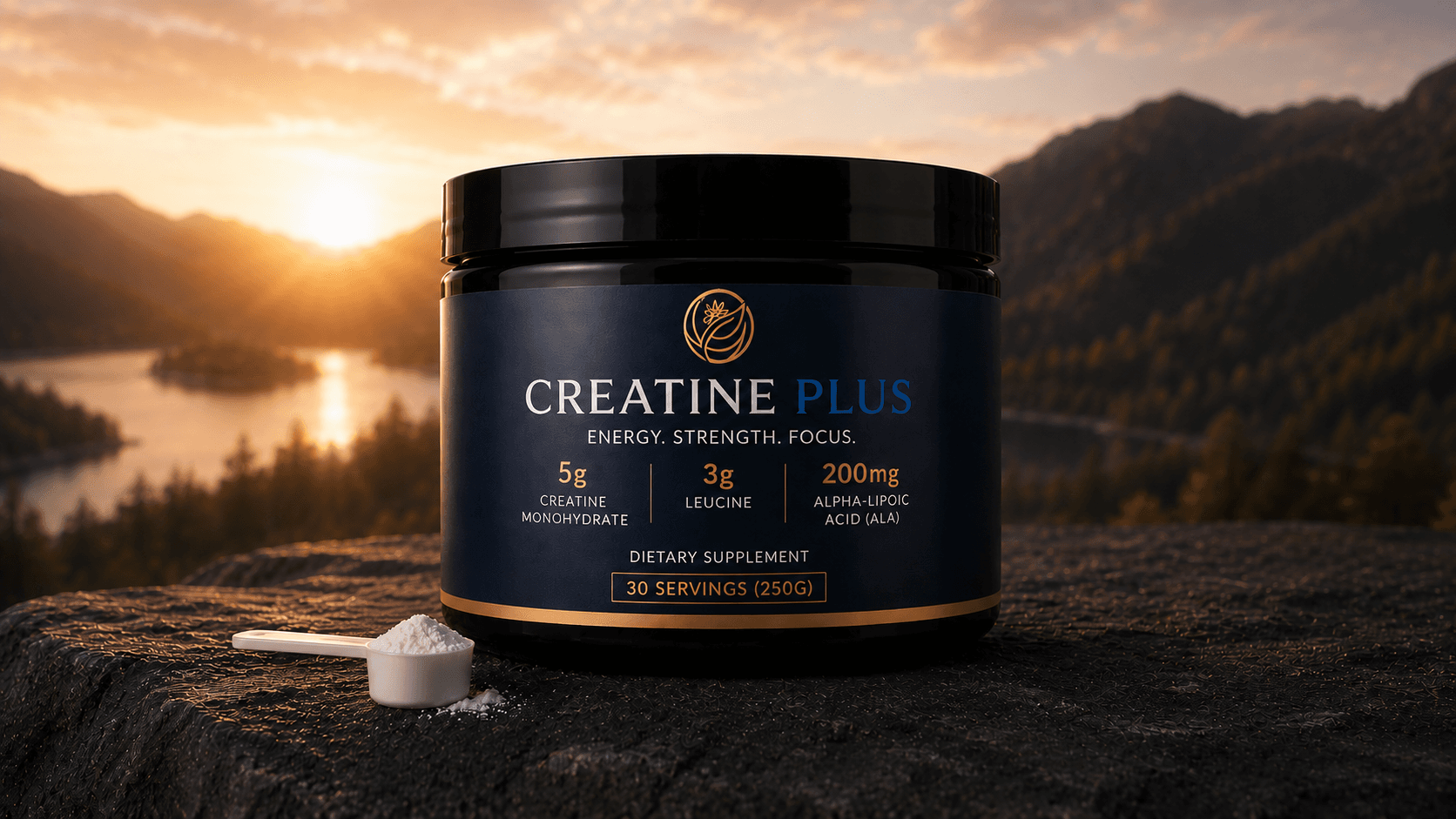 KYANOVO Creatine Plus — 5g creatine monohydrate, 3g leucine, and 200mg alpha-lipoic acid (ALA) — on a rock at sunrise