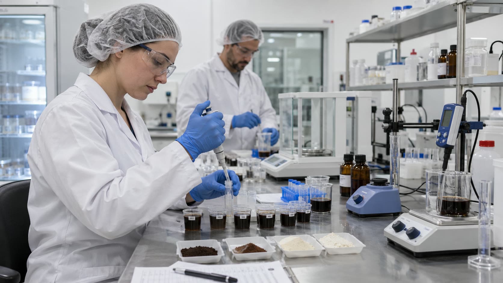 Scientists in a laboratory analyzing coffee formula samples — pipetting measured doses into labeled cups beside analytical balances and ingredient trays