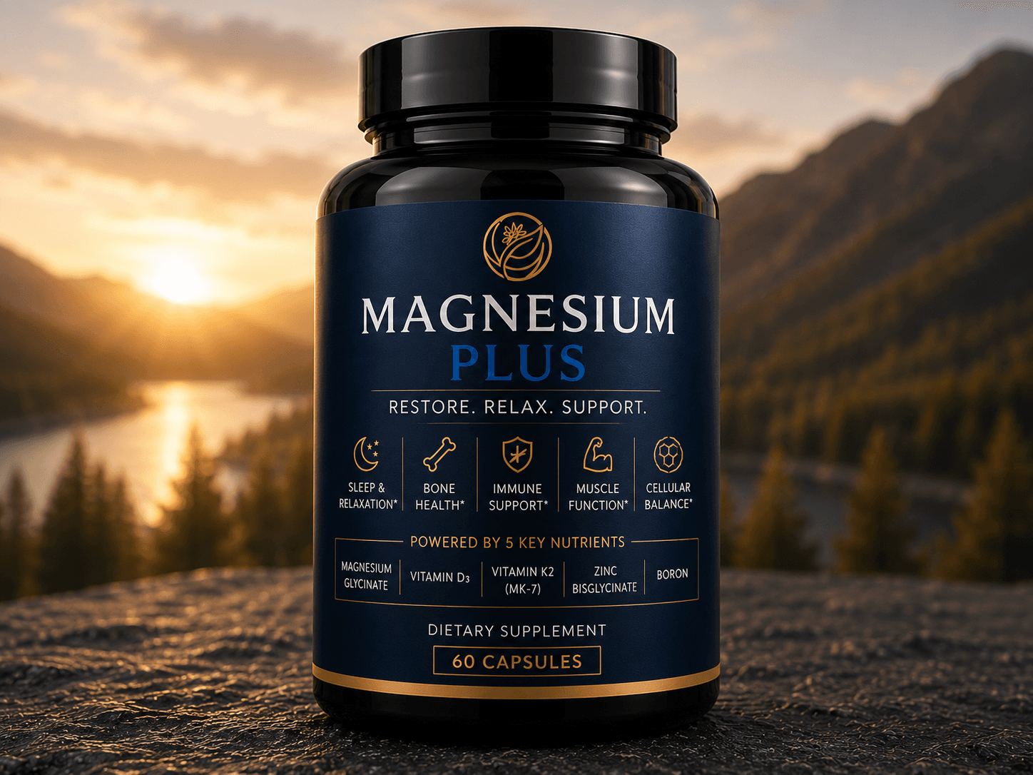 KYANOVO Magnesium Plus — magnesium glycinate with vitamin D3, vitamin K2 (MK-7), zinc bisglycinate, and boron — 60 capsules, on a rock at sunrise