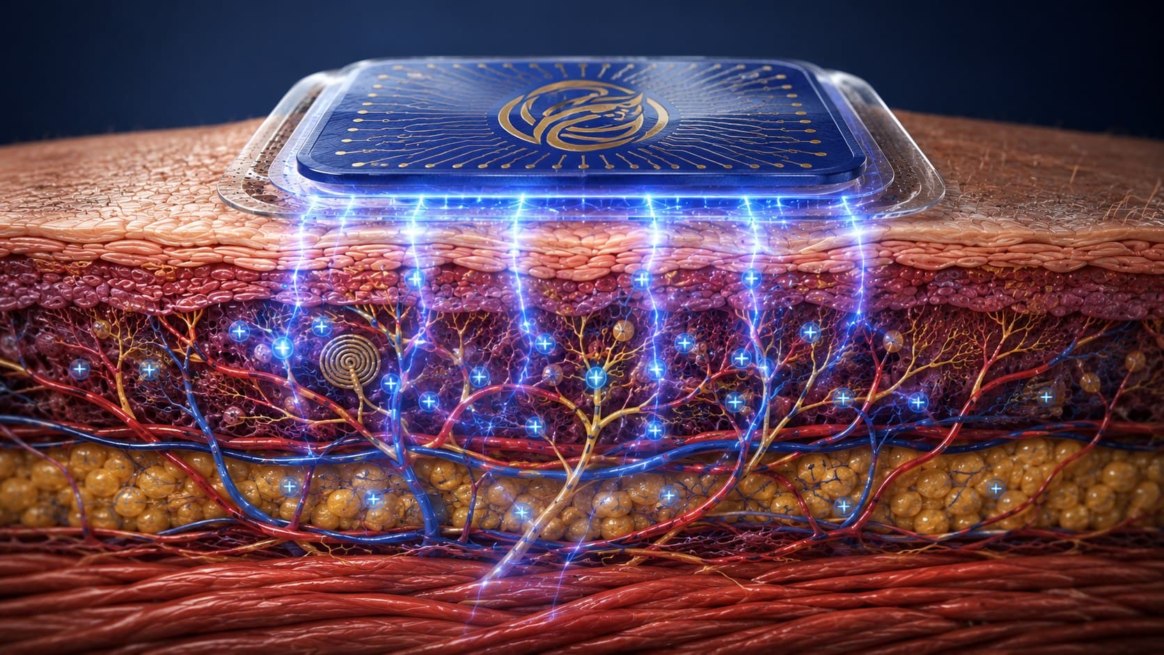 Cross-section illustration of the KYANOVO patch on skin, sending blue bioelectric energy down through the epidermis, the dermis with its nerves and blood vessels, the fat layer, and muscle