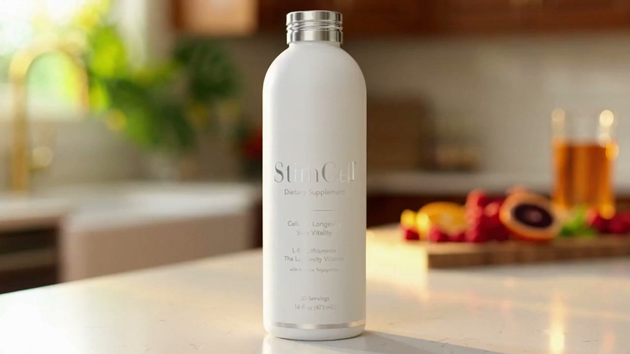 A white StimCell bottle on a bright kitchen counter beside fresh fruit